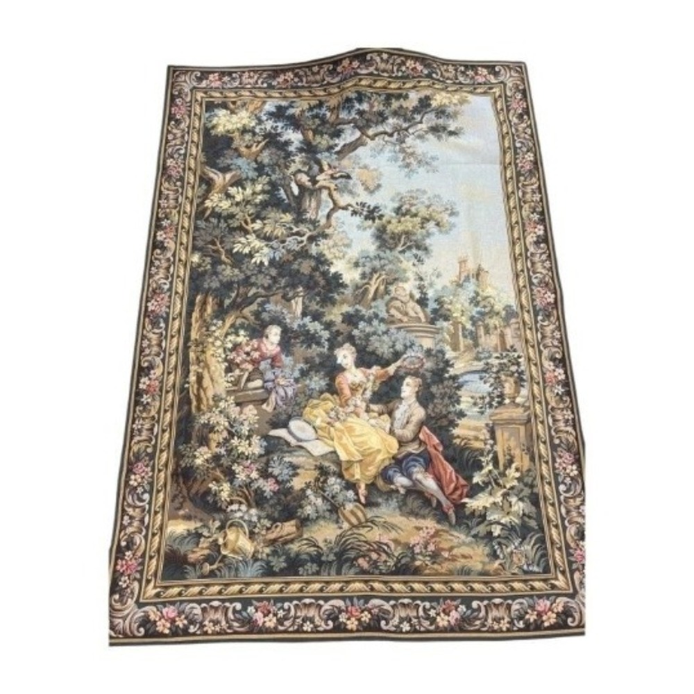 Large French Tapestry 74x51 Fragonard Rococo Wall Hanging Jacquard Garden Scene
